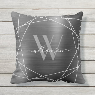 Coussin Monogramme métallique brossé moderne Argent - No
