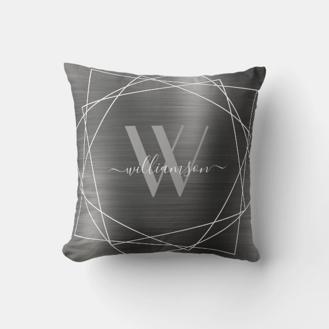 Coussin Monogramme métallique brossé moderne Argent - Nom  (Recto)