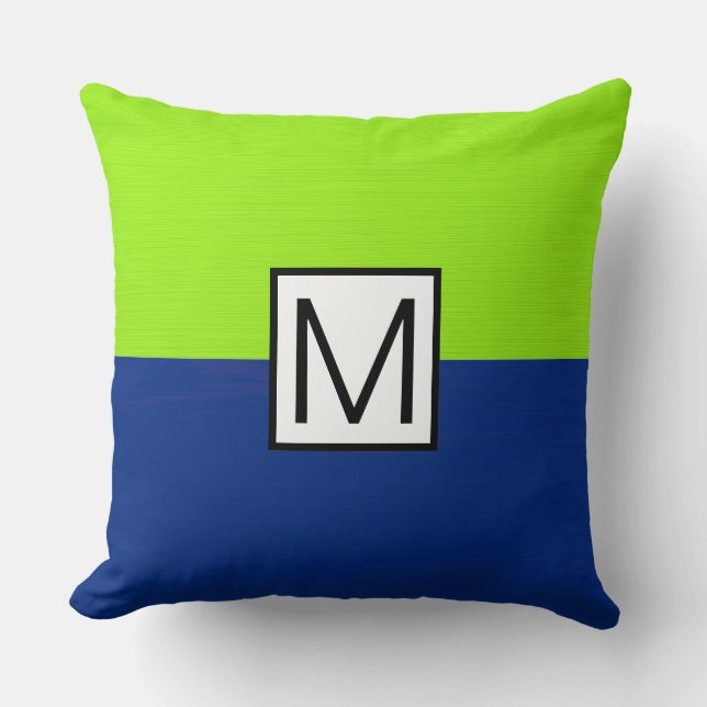 Coussin Monogramme moderne bleu foncé et chaux élégant (Recto)