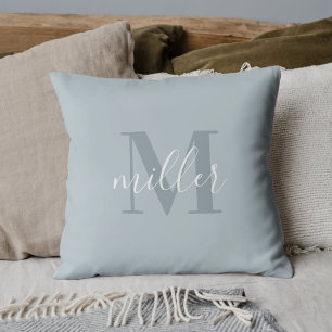 Coussin Monogramme Moderne de Nom de Famille Bleu