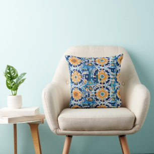 Coussin Monogramme moderne en carreaux bleu et orange