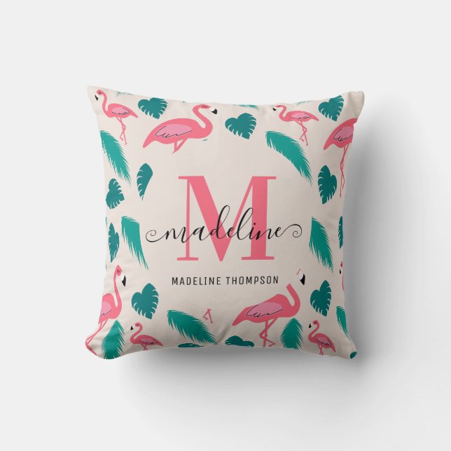 Coussin Monogramme Moderne Flamant Rose Tropical Foncé (Recto)