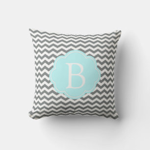 Coussin monogramme moderne gris blanc chevron