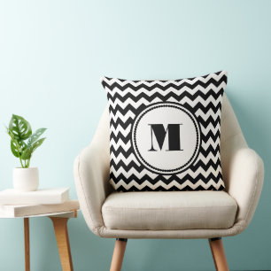Coussin Monogramme moderne Motif Chevron noir et blanc