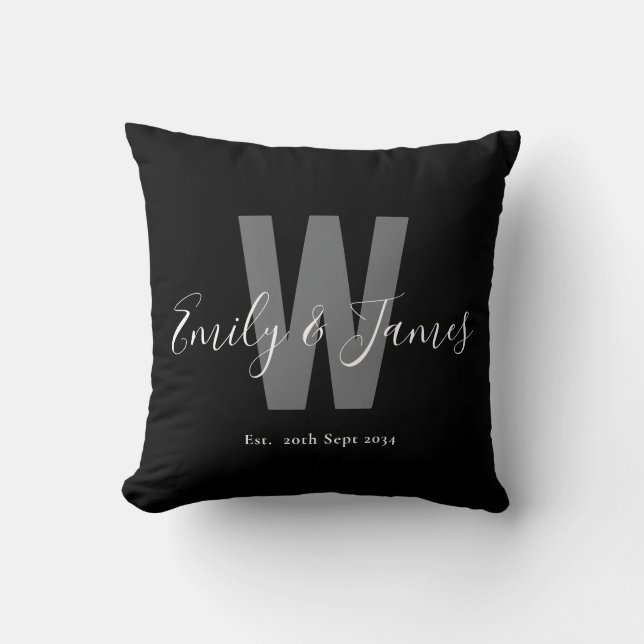 Coussin Monogramme moderne noir blanc Couple Date (Recto)