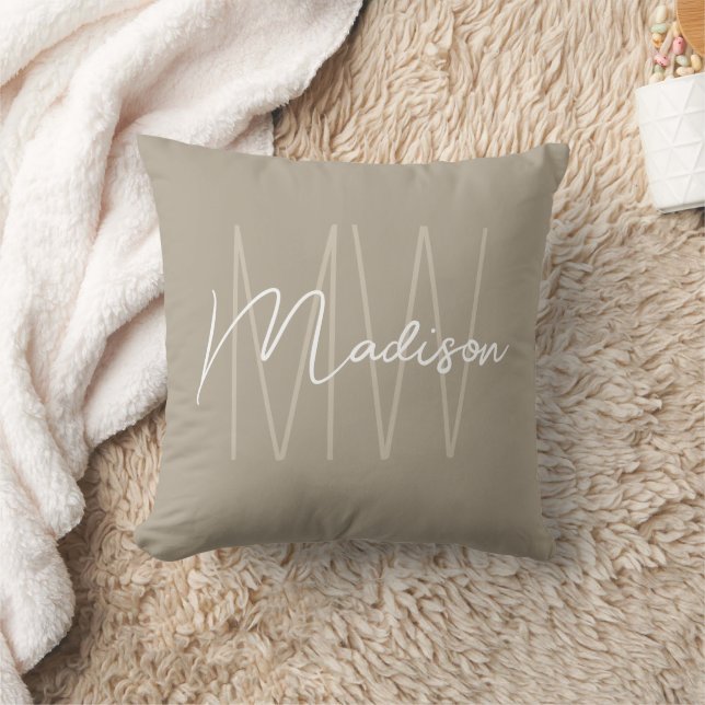 Coussin Monogramme moderne Nom Script Beige (Couverture)