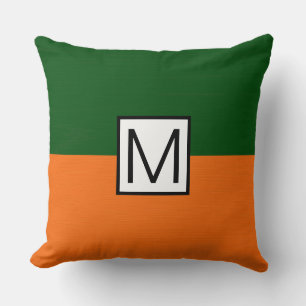 Coussin Monogramme Moderne Orange et Vert Élégant