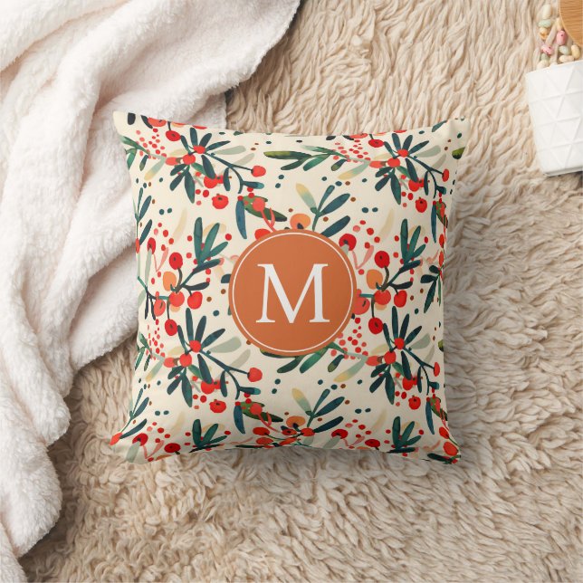 Coussin Monogramme moderne Red Christmas Holly Berries (Couverture)