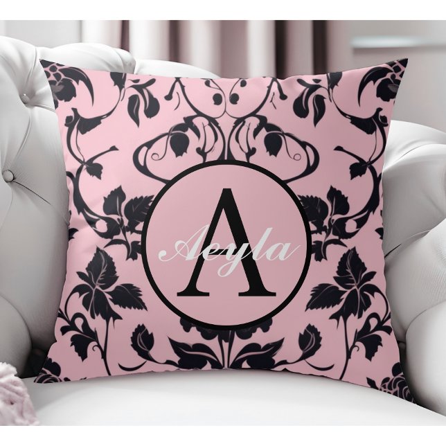 Coussin Monogramme moderne Rose rose et noir Damask (Créateur téléchargé)