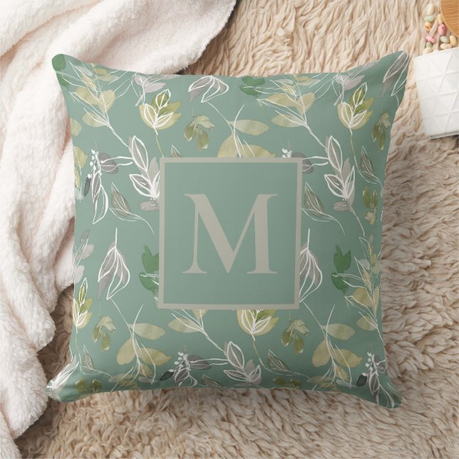 Coussin Monogramme moderne Sage Vert Silver Feuille Foliin (Couverture)