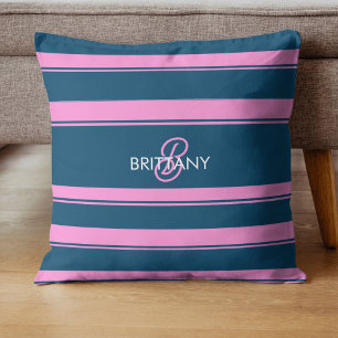 Coussin Monogramme Motif de bandes bleu et rose