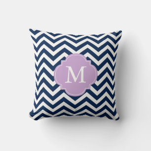 Coussin Monogramme Motif Navy Blue & Lavender Zigzags