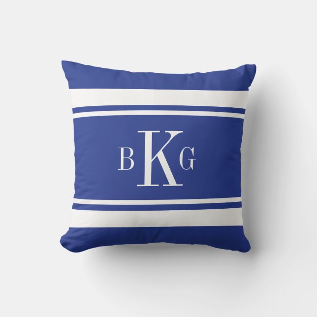 Coussin Monogramme nautique de coutume de rayures de bleu (Recto)