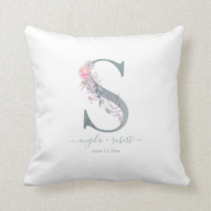Coussin Monogramme neuf S Aquarelle rose pâle Floral
