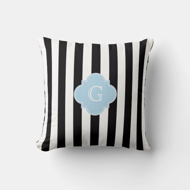 Coussin Monogramme noir blanc rayures bleu clair Quatrefoi (Recto)