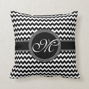 Coussin Monogramme noir et blanc chic élégant de Chevron