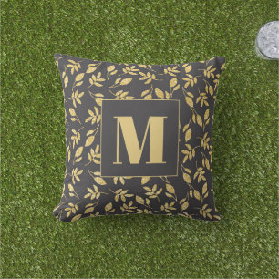 Coussin Monogramme noir Feuille or Moderne Design