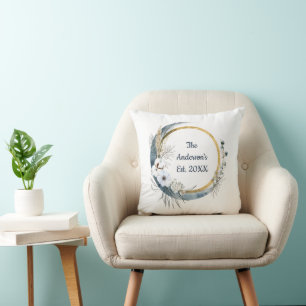 Coussin Monogramme Nom Bleu Blanc Or Floral Élégant