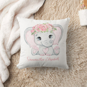 Coussin Monogramme Nom Éléphant Rose Bébé Fille Nursery