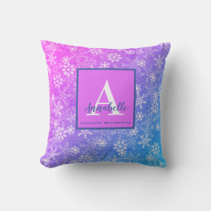 Coussin Monogramme/Nom Flocon de neige coloré rose violet