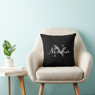 Coussin Monogramme Nom Gris Blanc Noir