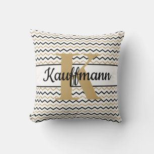Coussin Monogramme Nom Initial Noir Blanc Or Chevron Zig