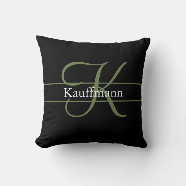 Coussin Monogramme Nom Initiale Script Noir Vert Blanc  (Recto)