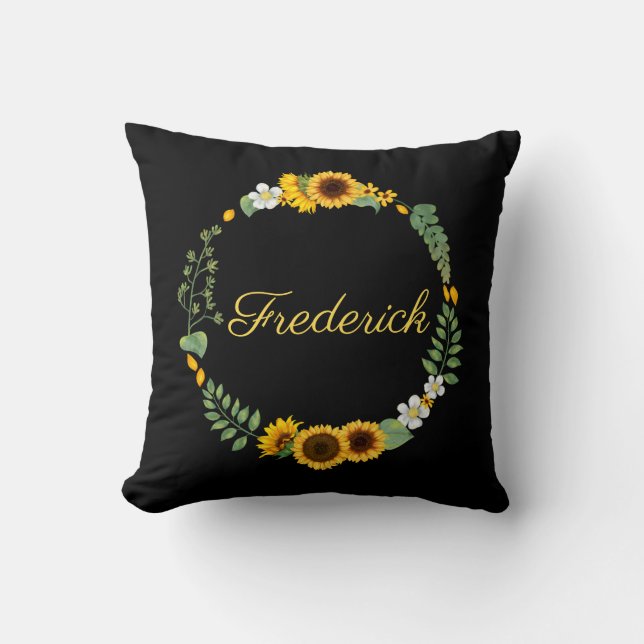 Coussin Monogramme Nom Initiales Tournesols Floral Noir (Recto)
