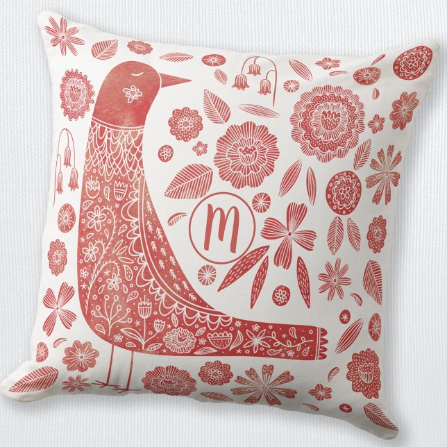 Coussin Monogramme Oiseau rouge blanc (Red and white monogram initial personalized folk art Scandinavian bird and flower throw pillow)