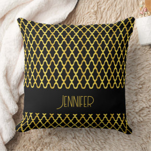 Coussin Monogramme or et noir quatrefoil motif