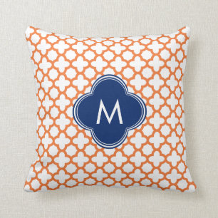 Coussin Monogramme Orange et Royal Blue Quatrefoil