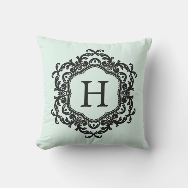 Coussin Monogramme ornemental décoratif de vert de menthe (Recto)