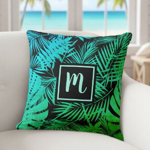 Coussin Monogramme palmier tropical turquoise vert ombré g