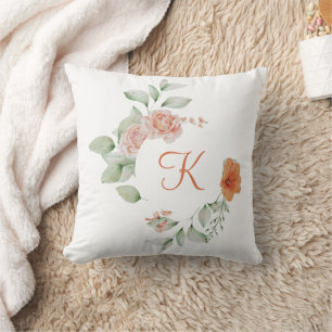 Coussin Monogramme Peach Initial Coral Vert Floral Élégant