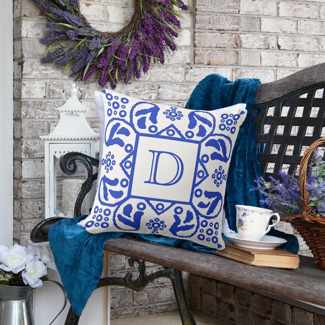 Coussin Monogramme personnalisé bleu blanc (Créateur téléchargé)