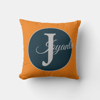 Coussin Monogramme personnalisé bleu gris orange Élégant
