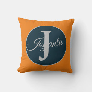 Coussin Monogramme personnalisé bleu gris orange Élégant