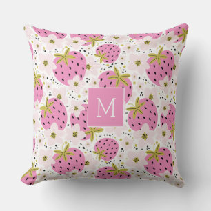 Coussin Monogramme personnalisé de fraises roses
