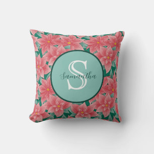 Coussin Monogramme personnalisé de Noël Poinsettia