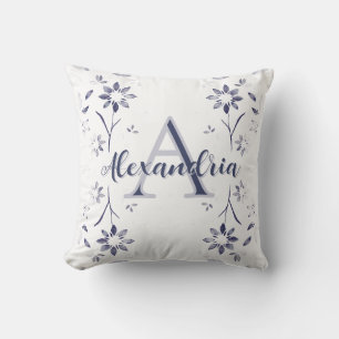 Coussin Monogramme Personnalisé Fleurs Bleues Nom