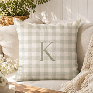 Coussin Monogramme personnalisé Gingham Sage doux sur mesu
