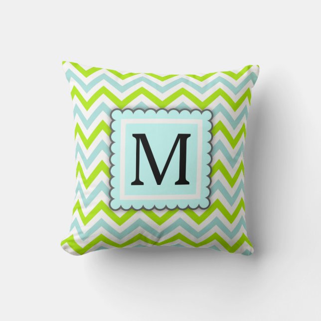 Coussin Monogramme personnalisé Green & Aqua Blue Chevron (Recto)