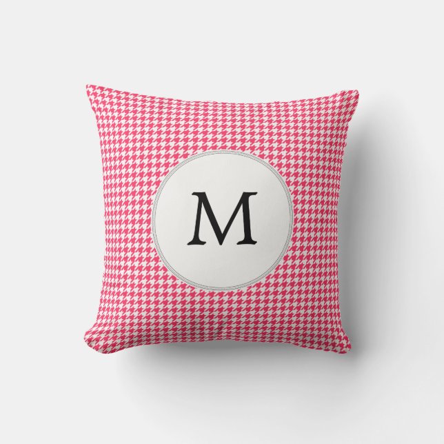 Coussin Monogramme personnalisé Houndstooth rose et blanc (Recto)