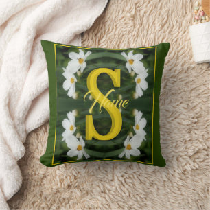 Coussin Monogramme personnalisé initial nom Art Daisy blan