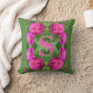 Coussin Monogramme personnalisé initial Nom Zinnias roses