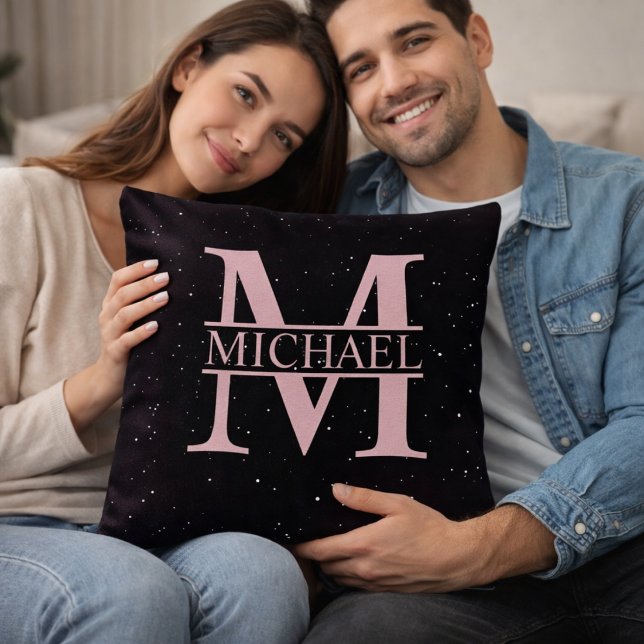 Coussin Monogramme personnalisé M en or rose avec nom (Créateur téléchargé)