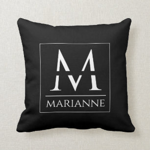 Coussin Monogramme personnalisé minimaliste moderne noir 