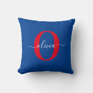 Coussin Monogramme personnalisé Nom du script Bleu Blanc R