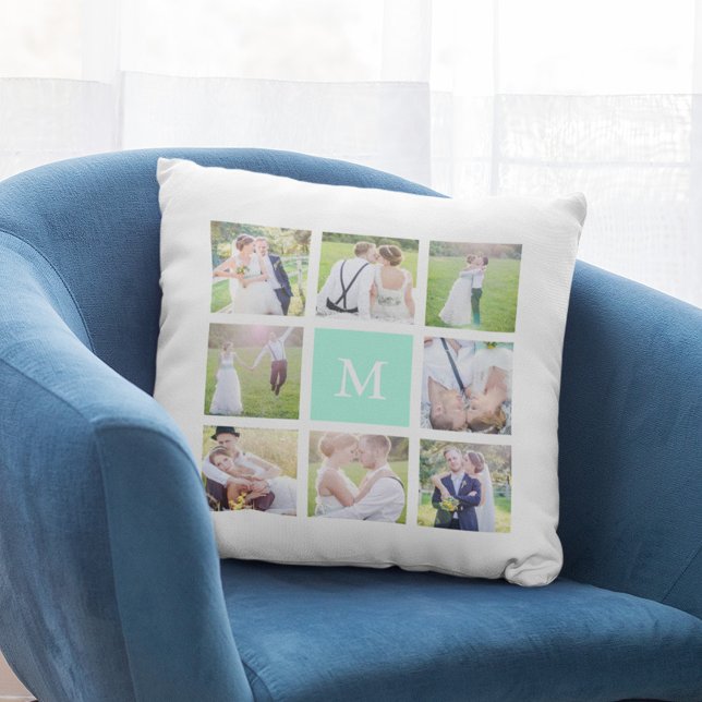 Coussin Monogramme personnalisé Simple Carré blanc Collage (Créateur téléchargé)