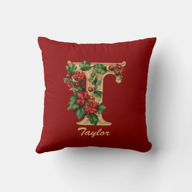 Coussin Monogramme personnalisé T Noël Rouge Jeu d'or (Verso)